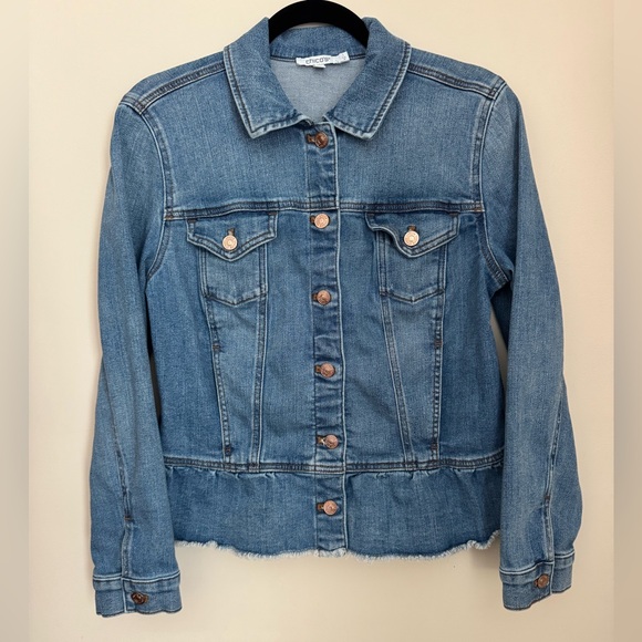 Chico's Jackets & Blazers - Chico’s Denim Jacket Womens Size 1 Medium Peplum Raw Hem Med Wash Button Up Boho